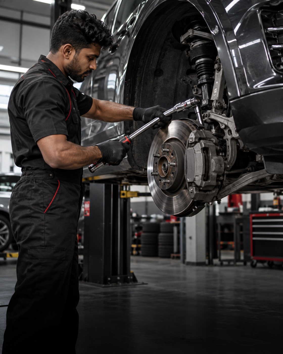 Technician servicing an SUV brake rotor in a workshop